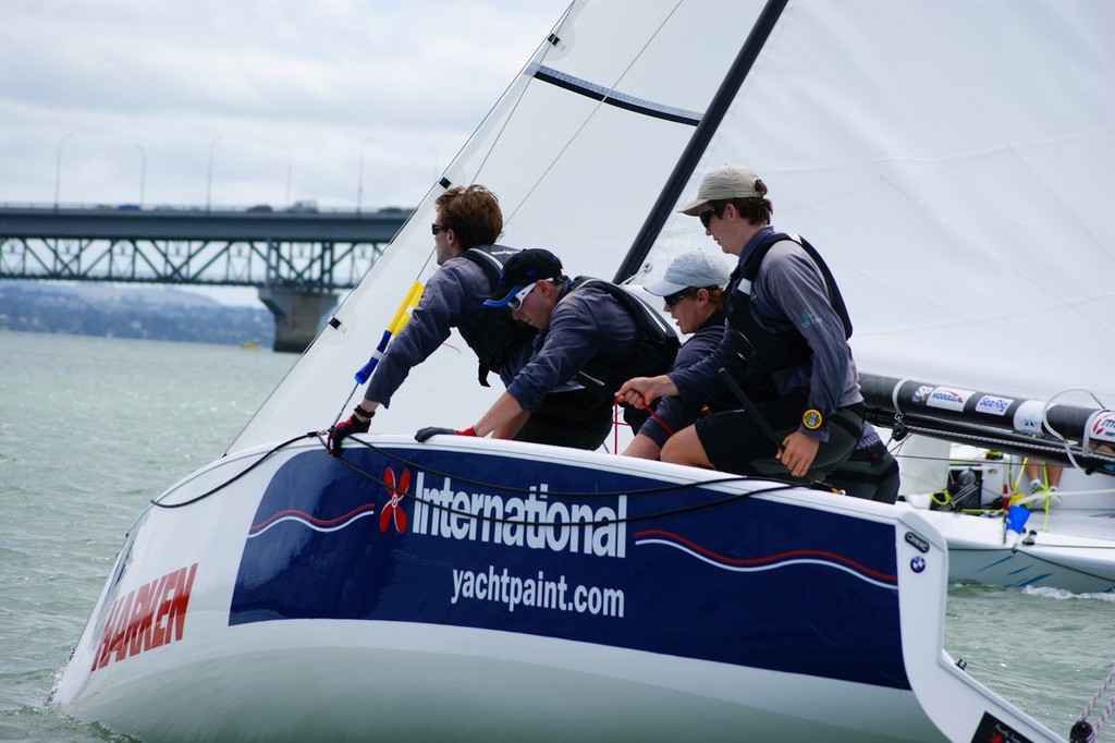 Tim Coltman (RPNYC) and crew lead Day One - HARKEN Youth International Match Racing Championships © Sara Tucker